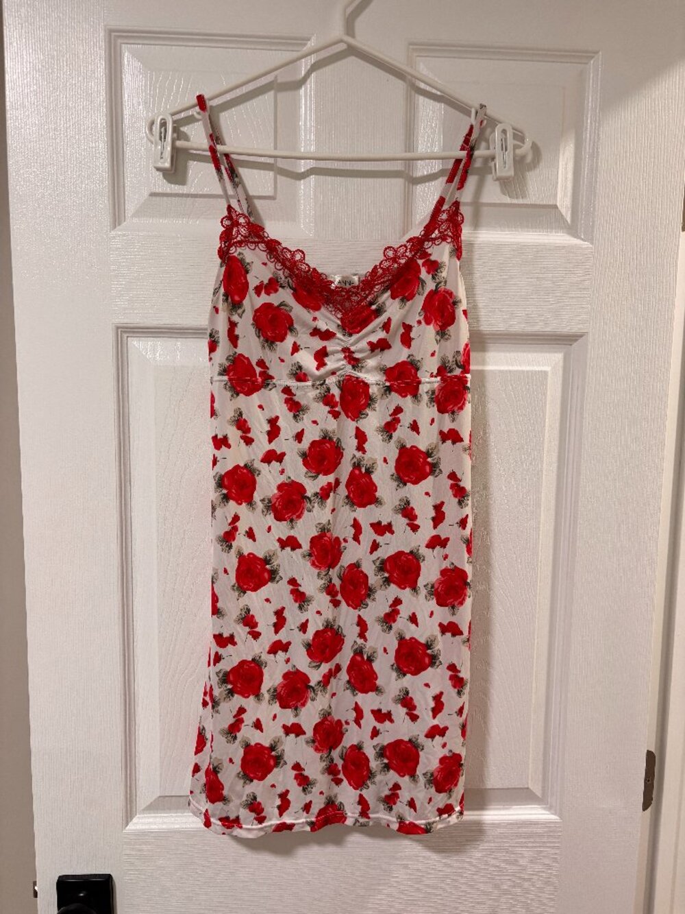 Lace Trim Satin Slip Dress | White & Red Floral Lingerie Dress (Medium)